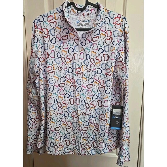 NWT Ladies IBKUL Amara White Multi Long Sleeve Mock Golf Shirt Large Hearts